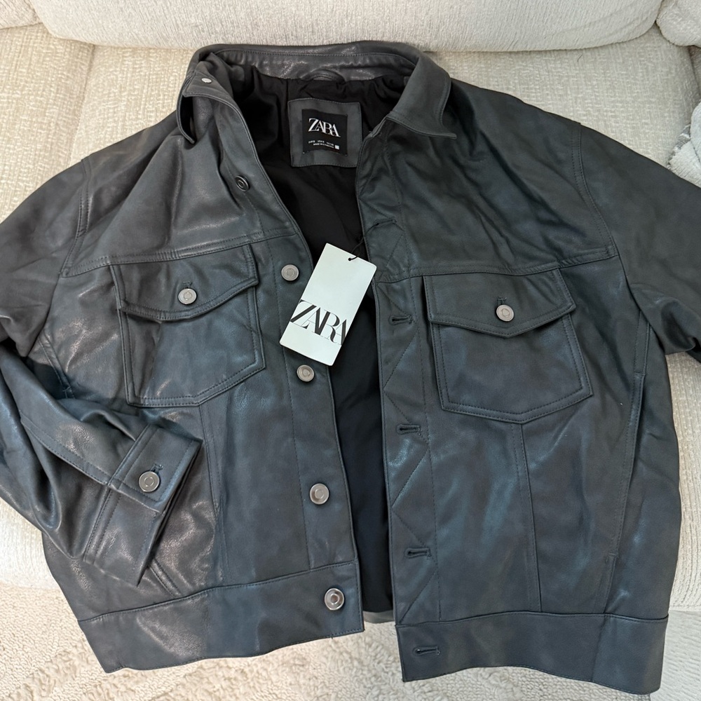 Brand new with tags - men’s Zara grey leather jacket - size small